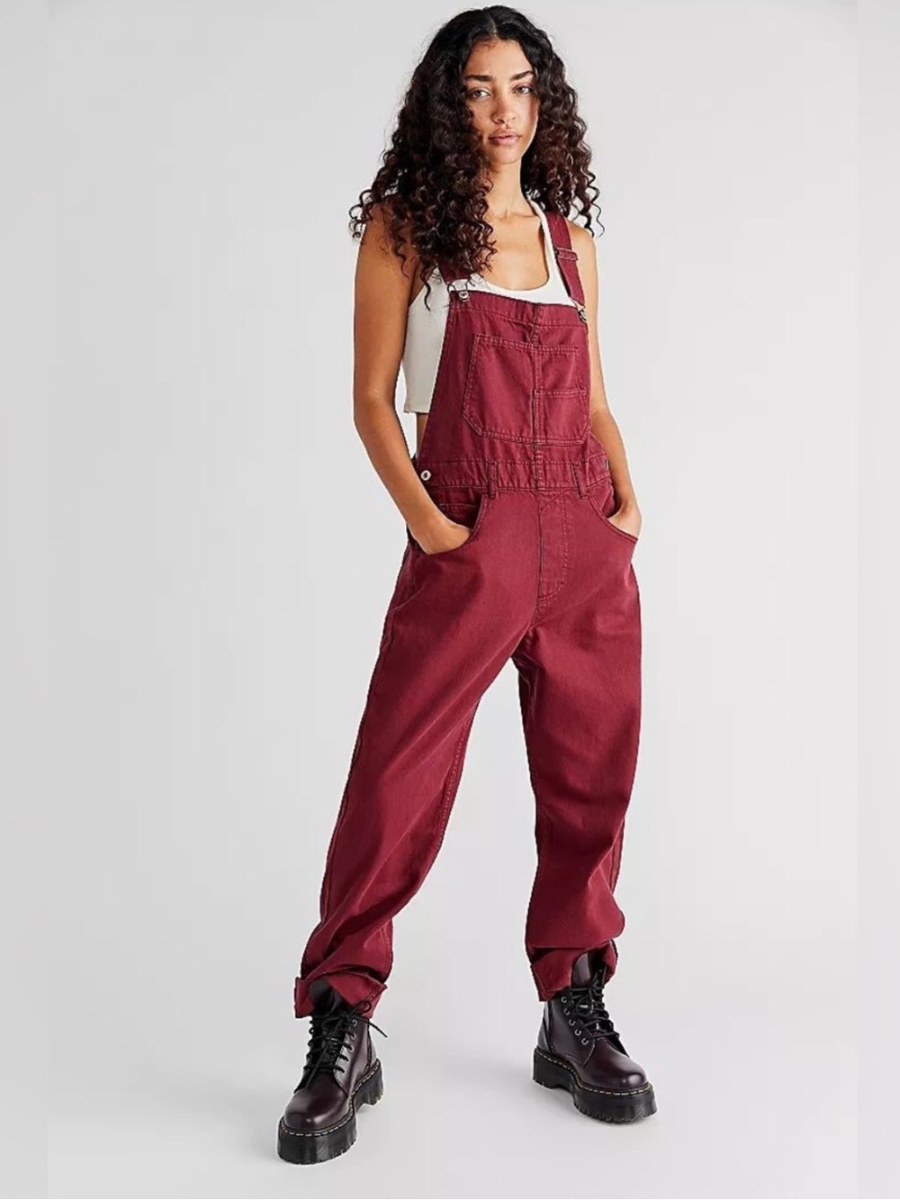 Free People We The Free Ziggy Denim Overalls Straight Leg Raspberry Red - Picture 2 of 12